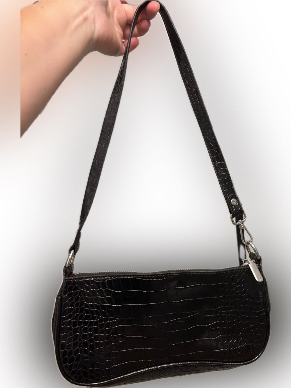 Black Croc-Embossed Shoulder Bag Women east west with crossbody chain